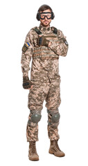 Soldier in Ukrainian military uniform, tactical goggles and headphones on white background