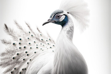Close-up of a white peacock in profile on a white background. Generative AI