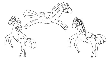 Funny horses. Outline vector set for children creativity. Coloring pages for kids