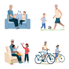 Vector set of happy grandfather playing football with his grandson, riding bicycles, playing with toys. Time for family and raising children. © liana2012