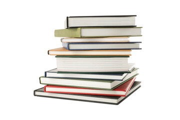 Stack of hardcover books on white background