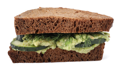 Tasty sandwich with cucumber, cream cheese and dill isolated on white, closeup