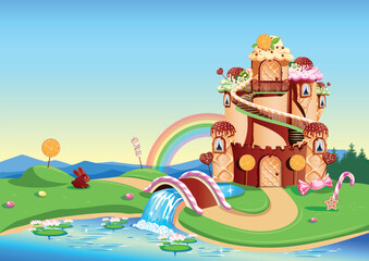 Obraz na płótnie Canvas Candy land with a sweet castle decorated with cream and chocolate stands in a fairytale glade. Fairy tale country sweet background. Vector illustration.