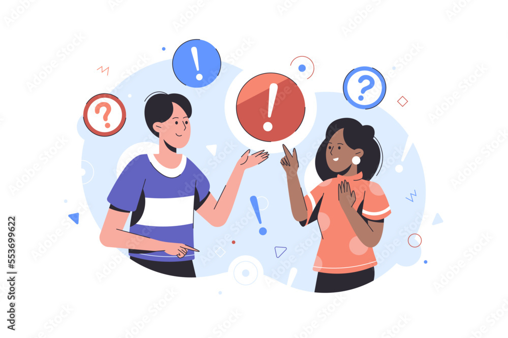 Poster vector flat illustration of communication of people in search of solutions to problems. exclamations