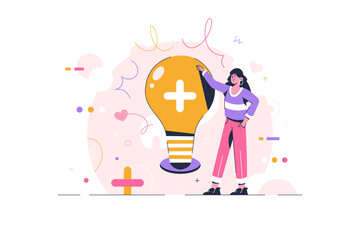 Positive thinking, optimistic success to work and living. Idea, inspiration and happiness in work concept. Businesswoman standing with bright lightbulb idea with positive sign. Vector illustration.