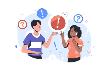 Vector flat illustration of communication of people in search of solutions to problems. Exclamations and question marks. Collective thinking, team concept Use in web-projects and app.