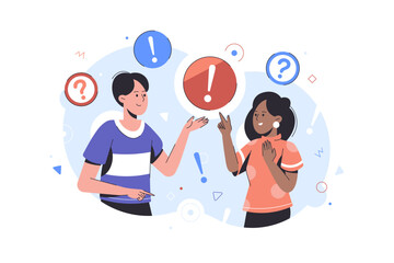 Fototapeta premium Vector flat illustration of communication of people in search of solutions to problems. Exclamations and question marks. Collective thinking, team concept Use in web-projects and app.