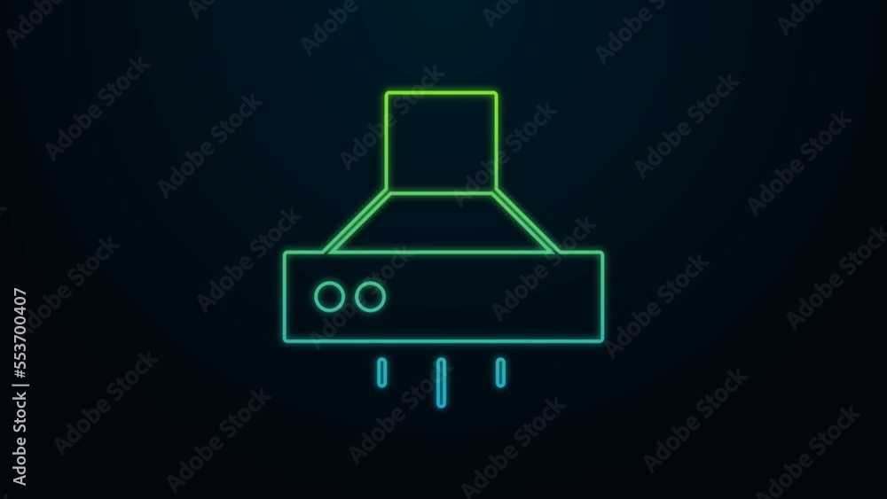 Poster Glowing neon line Kitchen extractor fan icon isolated on black background. Cooker hood. Kitchen exhaust. Household appliance. 4K Video motion graphic animation