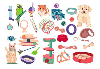 a set of attributes, toys and accessories for pets. Dog, cat, parrot, hamster. Flat illustration
