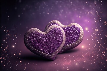 Fototapeta premium Two purple hearts on the violet bokeh lights background. Valentine day or wedding card design. Generative ai. 