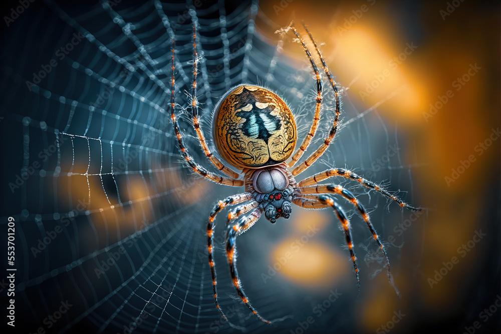 Canvas Prints spider in the center of its web on a colorful blurred background. digital artwork