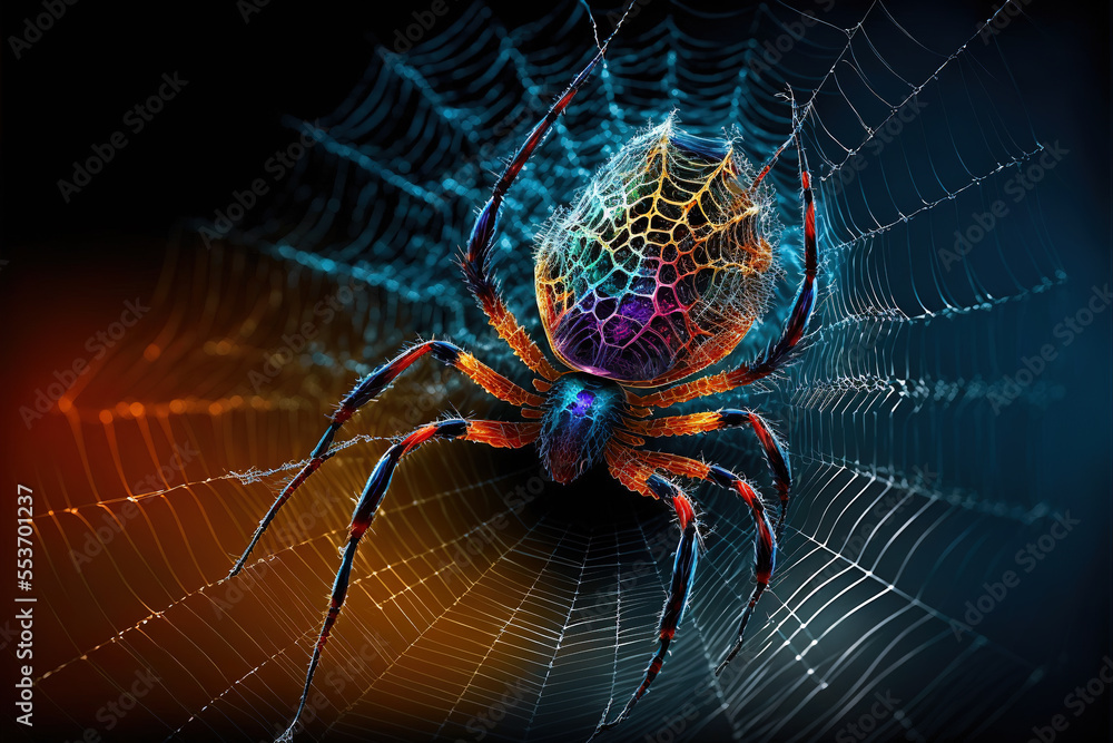 Canvas Prints spider in the center of its web on a colorful blurred background. digital artwork