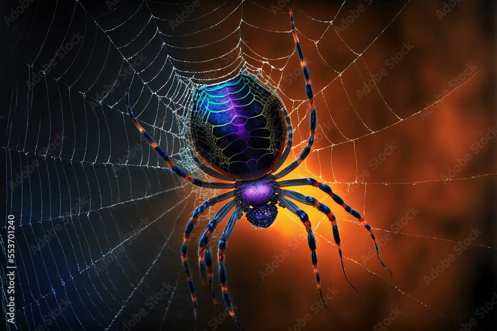 Wall mural spider in the center of its web on a colorful blurred background. digital artwork