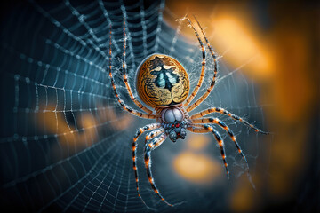 Spider in the center of its web on a colorful blurred background. Digital artwork	
