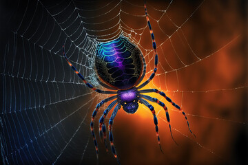 Spider in the center of its web on a colorful blurred background. Digital artwork	
