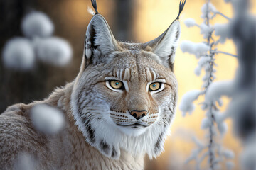 Obraz premium Portrait of a lynx in the snow. Siberian lynx portrait. Dangerous predator in natural habitat. Digital art 