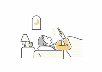 夜にベッドの中でスマホを使う若い女性　シンプルでお洒落な線画イラスト