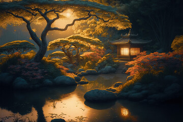 Beautiful Japanese garden. Digital artwork
