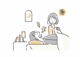 パートナーのいびきに悩む女性　シンプルでお洒落な線画イラスト