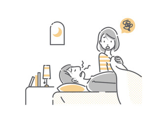 パートナーの歯ぎしりに悩む女性　シンプルでお洒落な線画イラスト