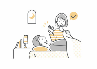 パートナーのいびき・歯ぎしりが治って満足な女性　シンプルでお洒落な線画イラスト