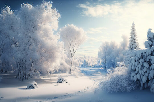 Beautiful magical winter wonderland landscape. Digital art
