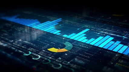 Business stock market, trading, info graphic with animated graphs, charts and data numbers insight analysis to be shown on monitor display screen for business meeting mock up theme - Powered by Adobe