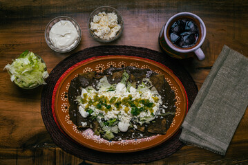 Fototapeta na wymiar Enfrijoladas served in a clay dish. Typical Mexican food. Bean tacos with cream and cheese.