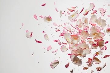 Obraz na płótnie Canvas Rose petals floating on the white background, isolated, pink, rose and red colors. Valentines day or wedding card design. Generative ai. 