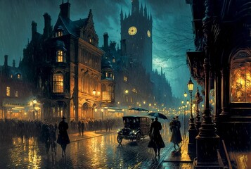 Old European city street landscape, night city in the rain painting, historical cityscape, London street of 19th century