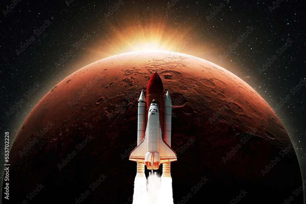 Poster Space shuttle rocket with blast takes off to the red planet mars with dawn rays light. Successful launch of the spacecraft. Space mission to mars, creative