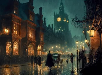 Foto auf Acrylglas Bestsellern Sammlungen Old European city street landscape, historical cityscape, night city in the rain painting, dark town with glowing lights, London of 19th century