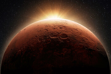 Beautiful red planet mars with craters with dawn light sun. Space concept and new home planet