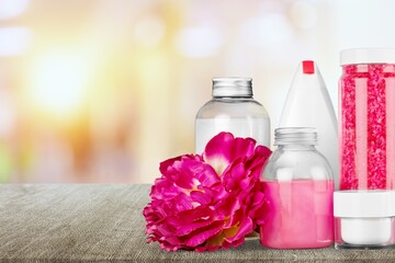 Set of organic bath accessories and soap, towel