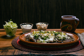 Enfrijoladas served in a clay dish. Typical Mexican food. Bean tacos with cream and cheese.