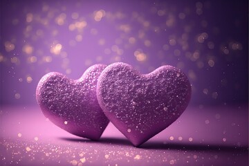 Fototapeta premium Two soft purple hearts on violet bokeh background. Valentines day and wedding day card design. Generative ai. 