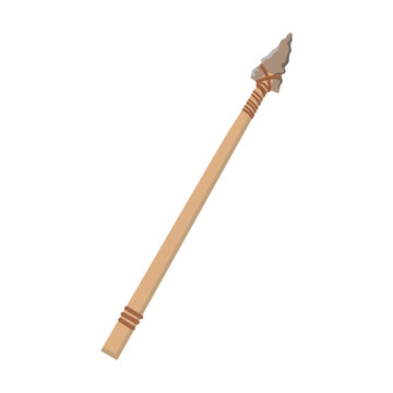 Spear with stone tip. Ancient tool for prehistoric people. Vector illustration of stone, bone and wood weapon for hunting animal isolated on white