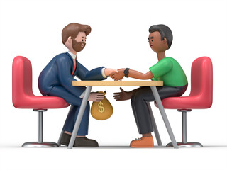 Obraz premium Under Table Money. 3D illustration of cartoon characters artwork depicts corruption, bribe, bribery, and dirty money.3D rendering on white background. 