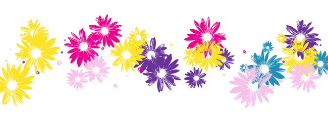 Green Daisy Background White Vector. Plant Repeat Banner. Yellow Gerbera Creative. Imitate Design. Retro Violet Flower.