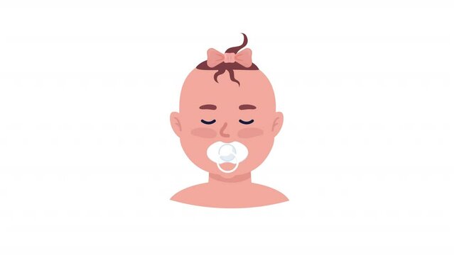 Animated tired baby girl emotion. Infant sleeping. Flat character head with facial expression animation. Colorful cartoon style HD video footage on white with alpha channel transparency
