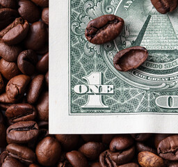 One Dollar banknote in black coffee beans.
