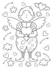 Valentines day coloring page. Funny angel elf in love. Valentine card.