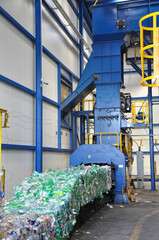 Baler in a waste sorting plant, Plastic bottle press hydraulic machine Waste sorting equipment machine, pressed plastic bottles, 