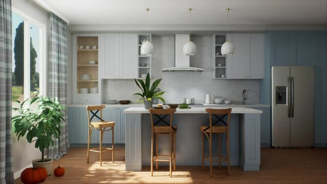 3d animation of a cozy kitchen with blue cabinets and an island. 