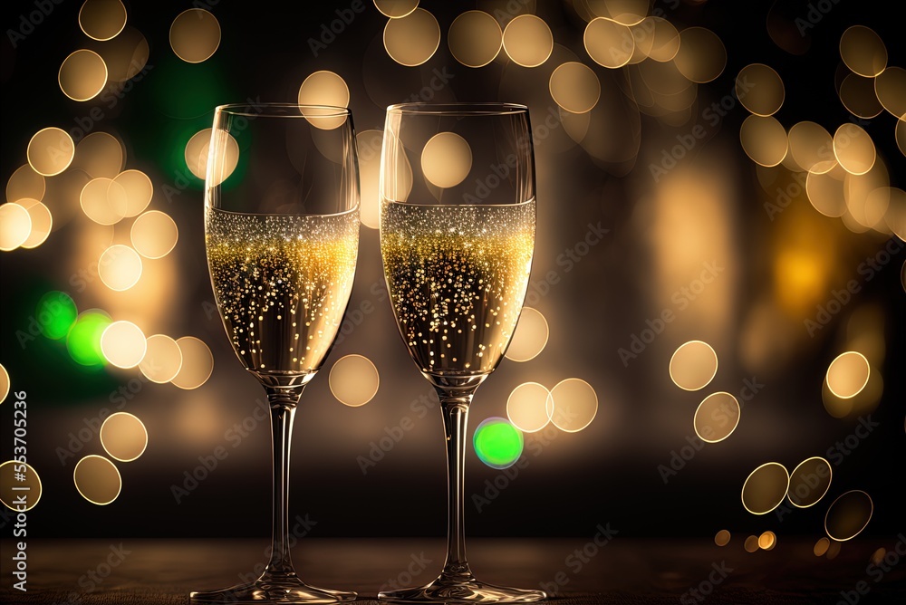 Poster glowing champagne glasses in the bokeh effect generative ai