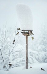 Naklejka na ściany i meble Wild birds Great Tits flying to bird feeder covered with pile of snow