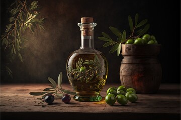 Olive oil and olive branch on the wooden table. AI Generative