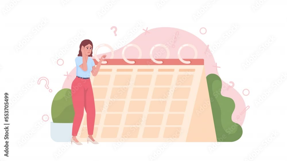 Poster animated irregular period concept. looped 2d cartoon flat character on white with alpha channel tran
