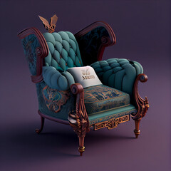 The furniture design concept is a comfortable armchair with mahogany legs and arms designed in Victorian style with isometric perspective, peacock feather and lotus pillows-inspired design elements.