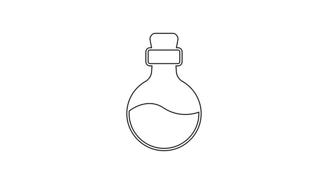 Black line Bottle with love potion icon isolated on white background. Happy Valentines day. 4K Video motion graphic animation